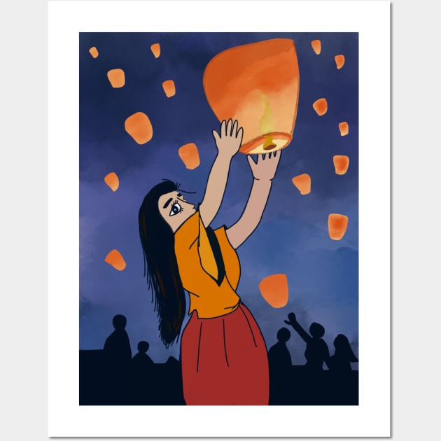 Girl with Chinese lantern Wall Art by Eveline D’souza